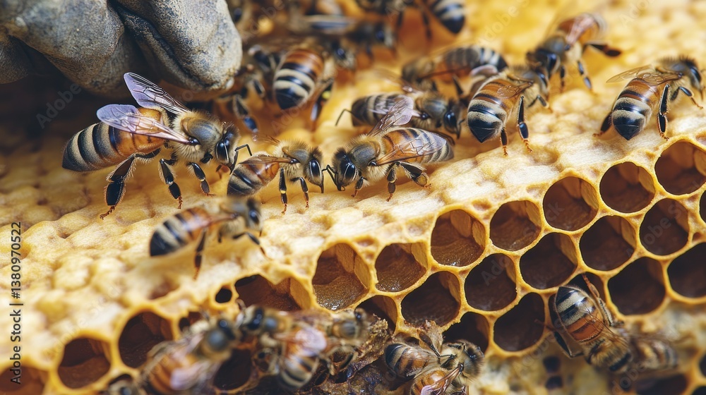Bees Gathering on Honeycomb Structure Showing Detailed Cell Pattern