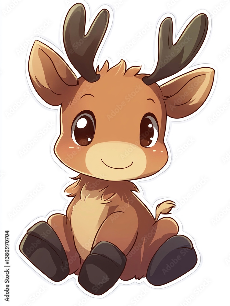 Fototapeta premium Cute chibi moose, simple flat cartoon illustration graphic sticker design on white background. 