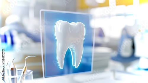 Futuristic holographic dental display showcasing a tooth in a modern clinic environment