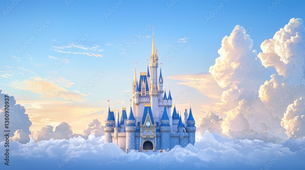 Naklejka premium A majestic fairytale palace castle with golden rooftops and intricate details, standing against a dreamy sunset sky.