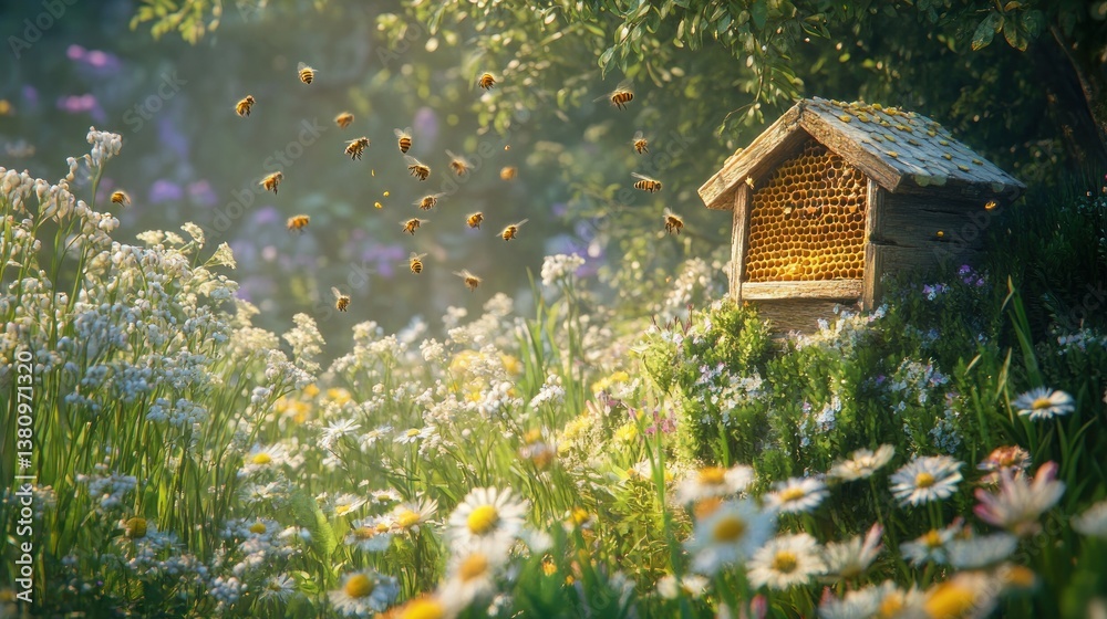 Bees Flying Near Hive in Flower Meadow on Sunny Day