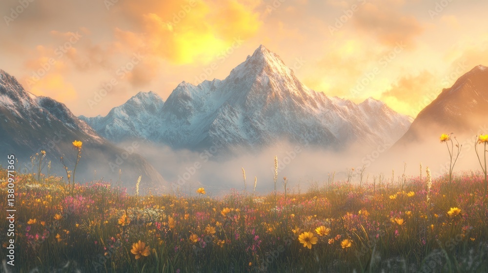Scenic Mountain Landscape with Meadow of Wildflowers and Cloudy Sky