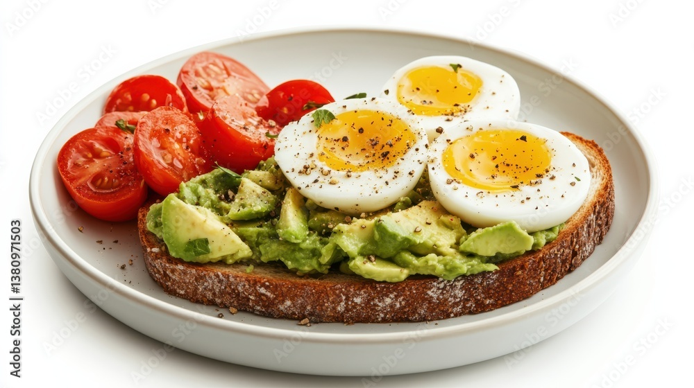 Appetite control Style. Avocado toast with eggs and tomatoes on a plate. Appetite control Style. Avocado toast with eggs and tomatoes on a plate.