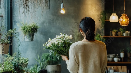Woman Holding Flowers in Greenhouse Indoor Setting with Warm Lighting
