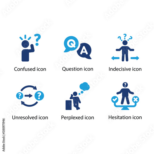 Confused, Question, Indecisive, Unresolved, Perplexed, Hesitation, Blue Icon Set