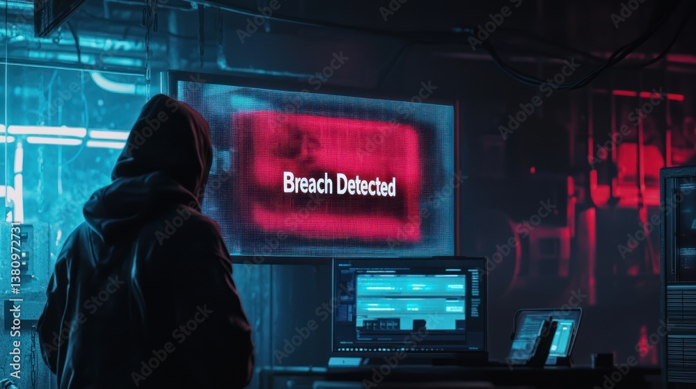 Person Facing Computer Displays Showing Breach Detected Message
