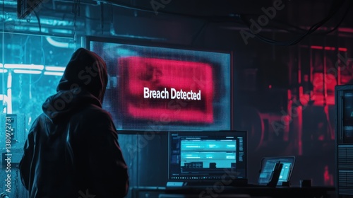 Obraz na płótnie Person Facing Computer Displays Showing Breach Detected Message w salonie