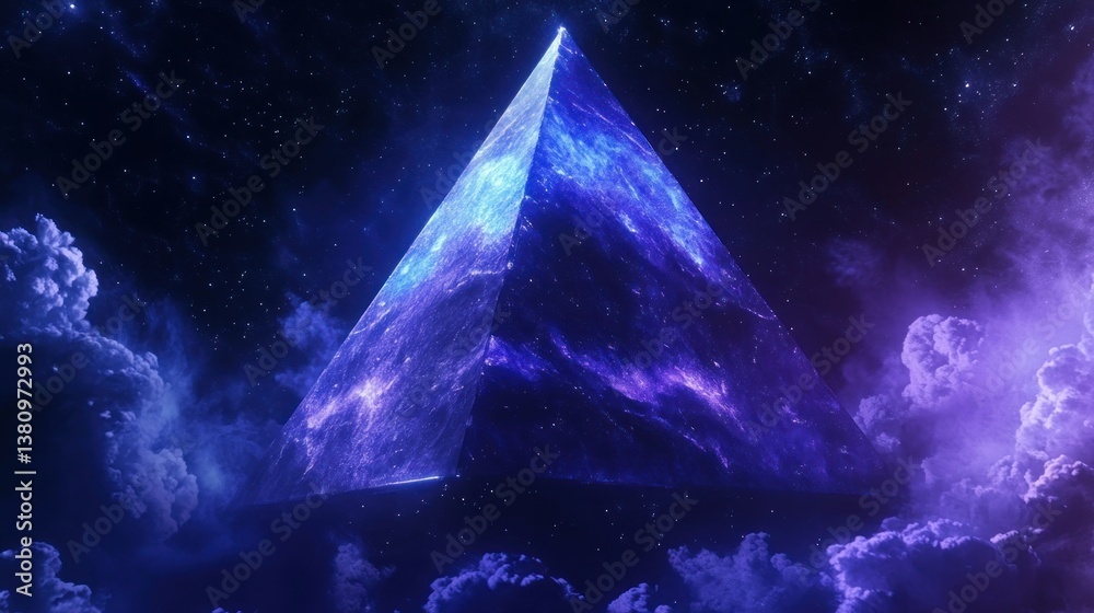 Glowing Pyramid Floating Among Nebula Clouds in Deep Space Scene