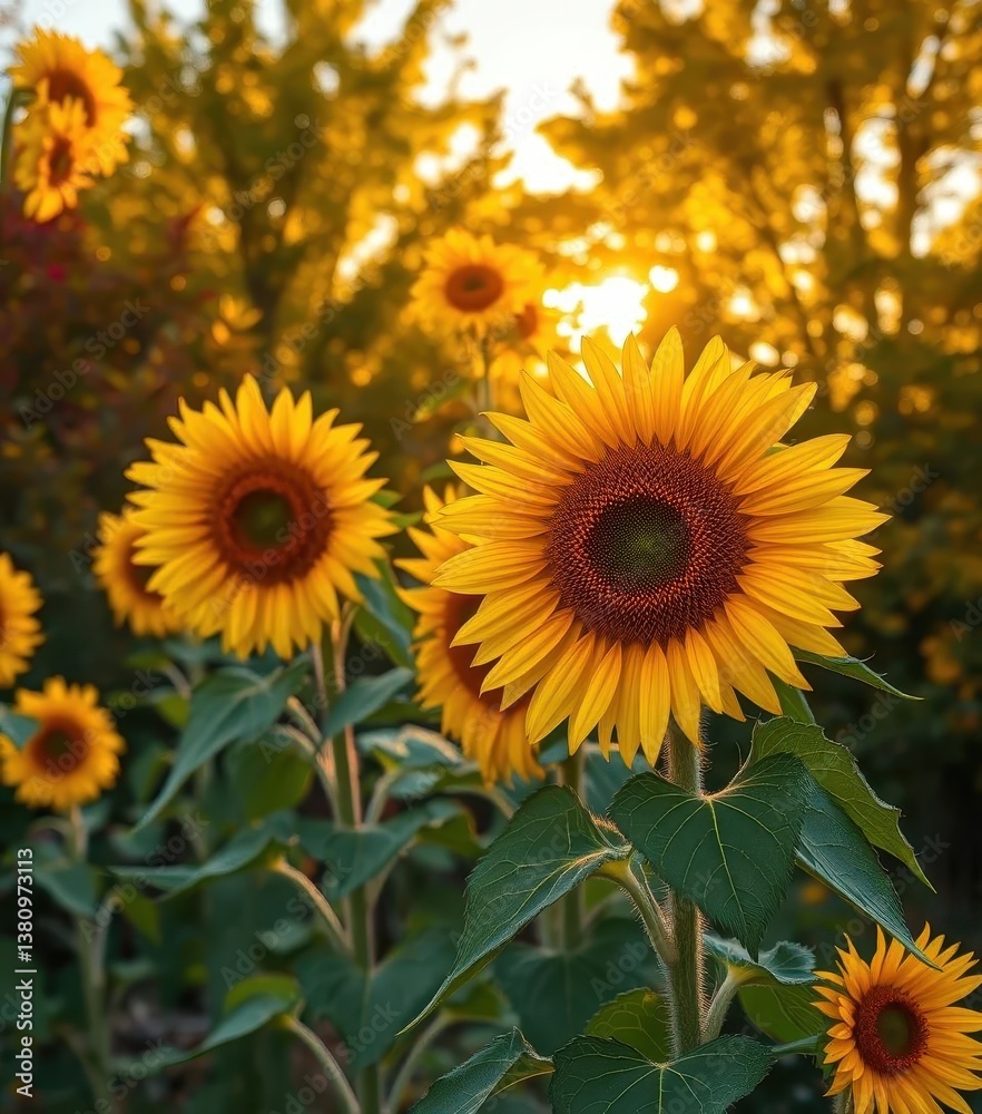 Sunflowers in full bloom against a backdrop of autumnal foliage and golden sunlight, sun, rustic Sunflowers in full bloom against a backdrop of autumnal foliage and golden sunlight, sun, rustic