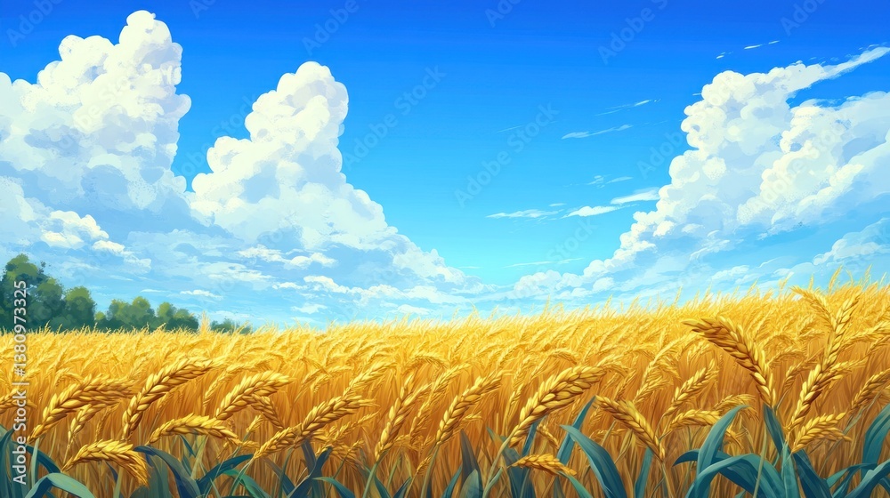 Golden Wheat Field Under Blue Sky with White Clouds Illustration