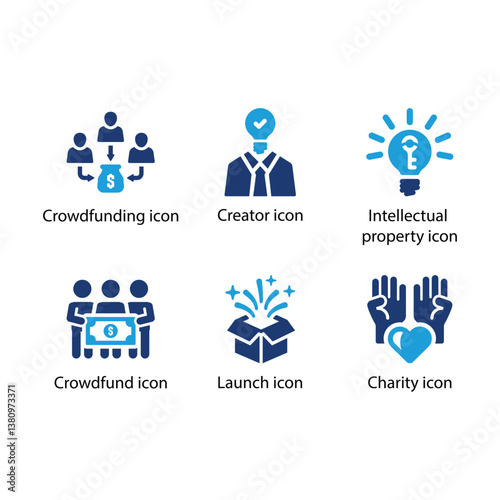 Crowdfunding, Creator, Intellectual property, Crowdfund, Launch, Charity, Blue Icon Set