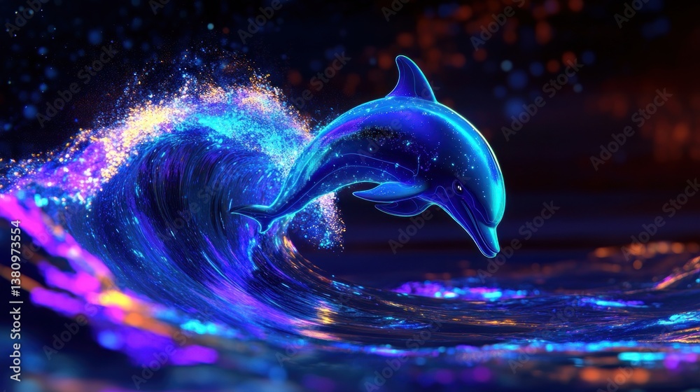Dolphin Leaping Over Wave with Glowing Particles and Bright Illumination
