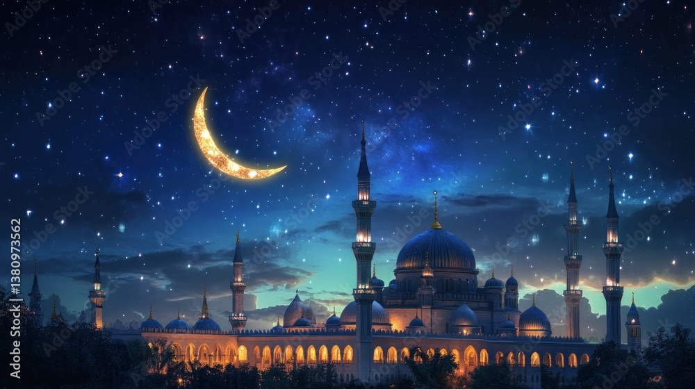 Mosque with Crescent Moon Shining Under Starry Night Sky
