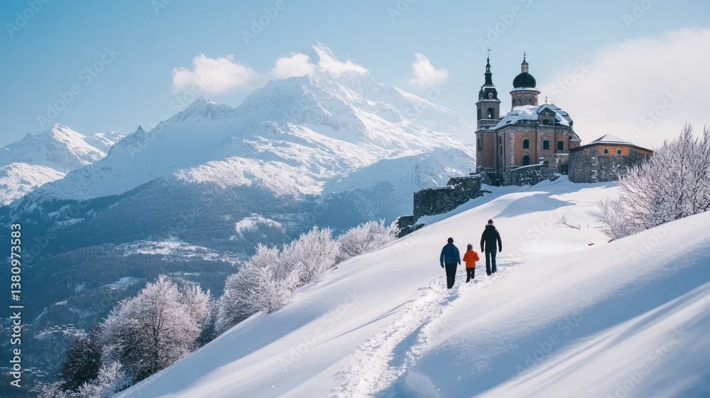 Walking on Snow Towards Mountain Church in Winter Family Hiking
