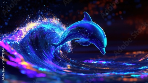 Obraz na płótnie Dolphin Leaping Over Wave with Glowing Particles and Bright Illumination w salonie