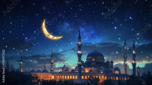 Obraz na płótnie Mosque with Crescent Moon Shining Under Starry Night Sky w salonie