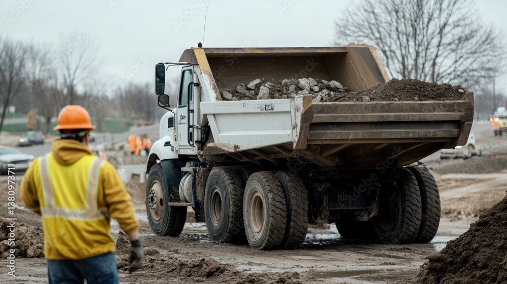 Dump Truck Delivering Soil and Rocks to a Construction Site Project