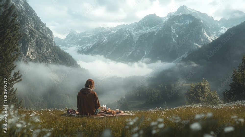 Woman Picnicking Overlooking Scenic Mountain Landscape with Foggy Valley View