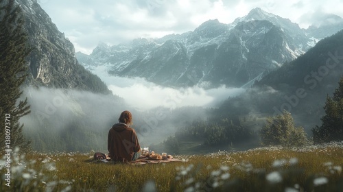 Obraz na płótnie Woman Picnicking Overlooking Scenic Mountain Landscape with Foggy Valley View w salonie