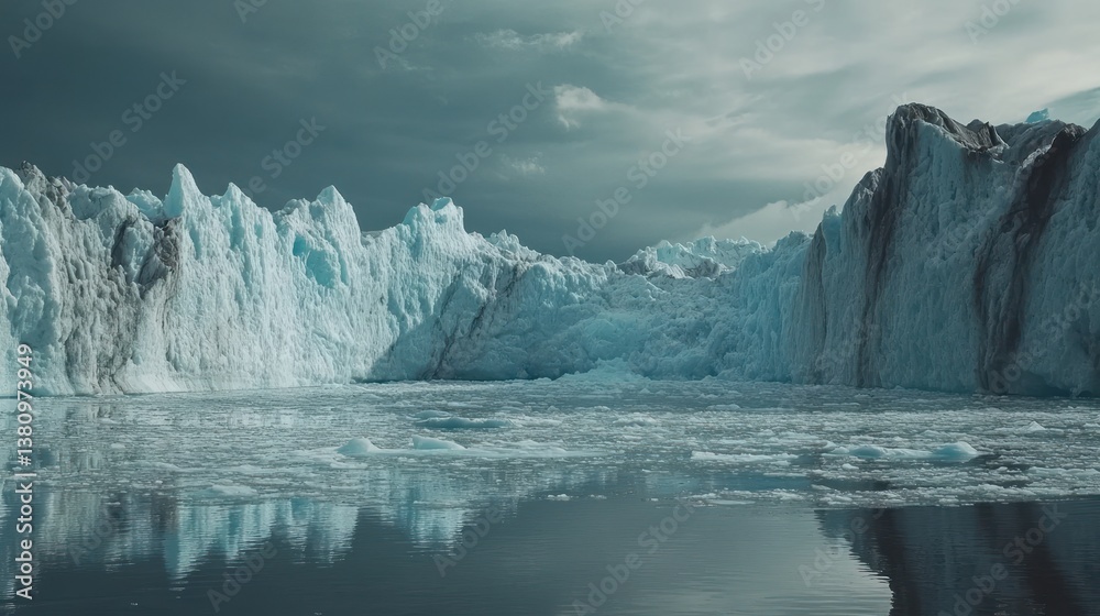 Glacier Meets Ocean Water with Ice Floes Under Moody Sky