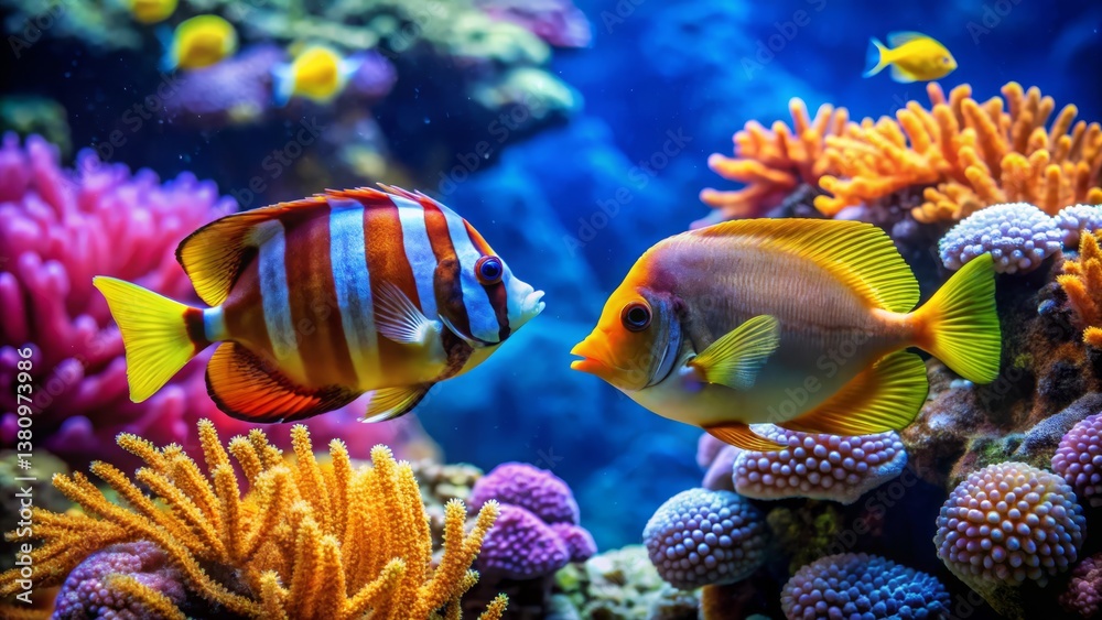 Obraz premium Colorful Tropical Fish Swimming Among Vibrant Coral Reef Ecosystem