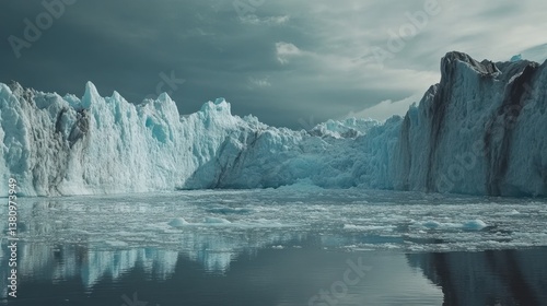 Obraz na płótnie Glacier Meets Ocean Water with Ice Floes Under Moody Sky w salonie