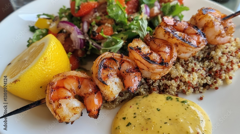 Grilled Shrimp Skewer with Quinoa, Salad, and Lemon Slice Close-up