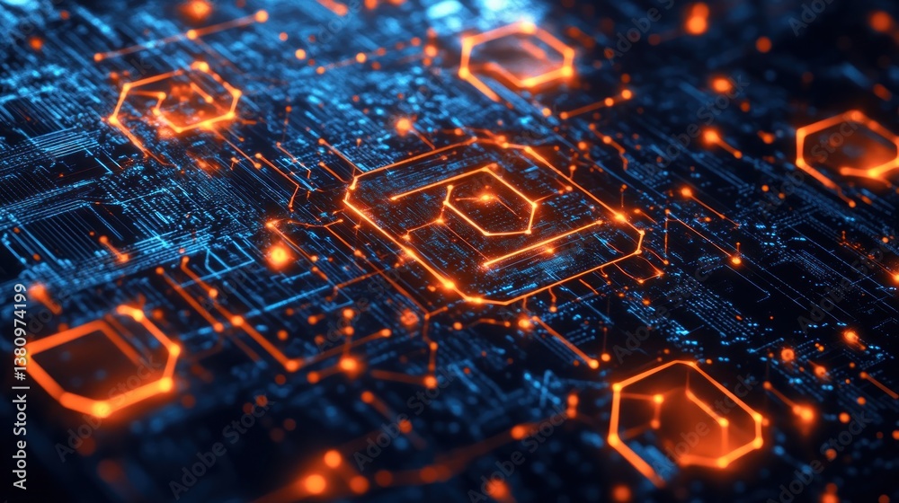 Abstract Digital Circuit Board with Glowing Orange Hexagons and Blue Traces