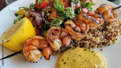 Obraz na płótnie Grilled Shrimp Skewer with Quinoa, Salad, and Lemon Slice Close-up w salonie