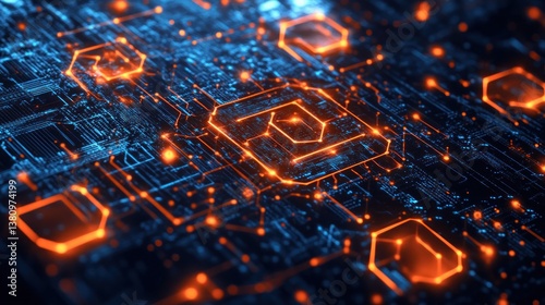 Obraz na płótnie Abstract Digital Circuit Board with Glowing Orange Hexagons and Blue Traces w salonie