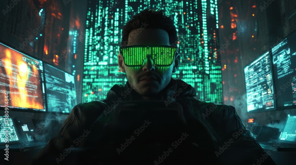 Man Coding with Green Digital Glasses in a Dark Office Setting