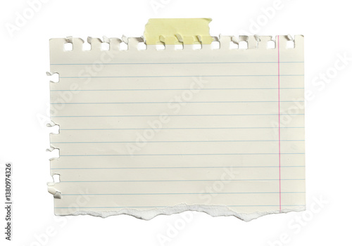A piece of lined notebook paper with torn bottom and top edges isolated on transparent background