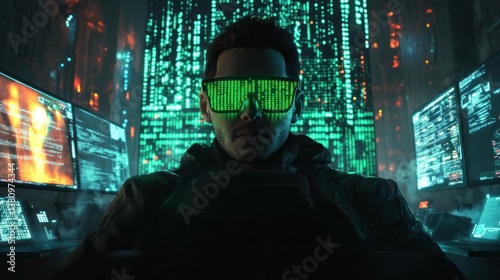 Obraz na płótnie Man Coding with Green Digital Glasses in a Dark Office Setting w salonie