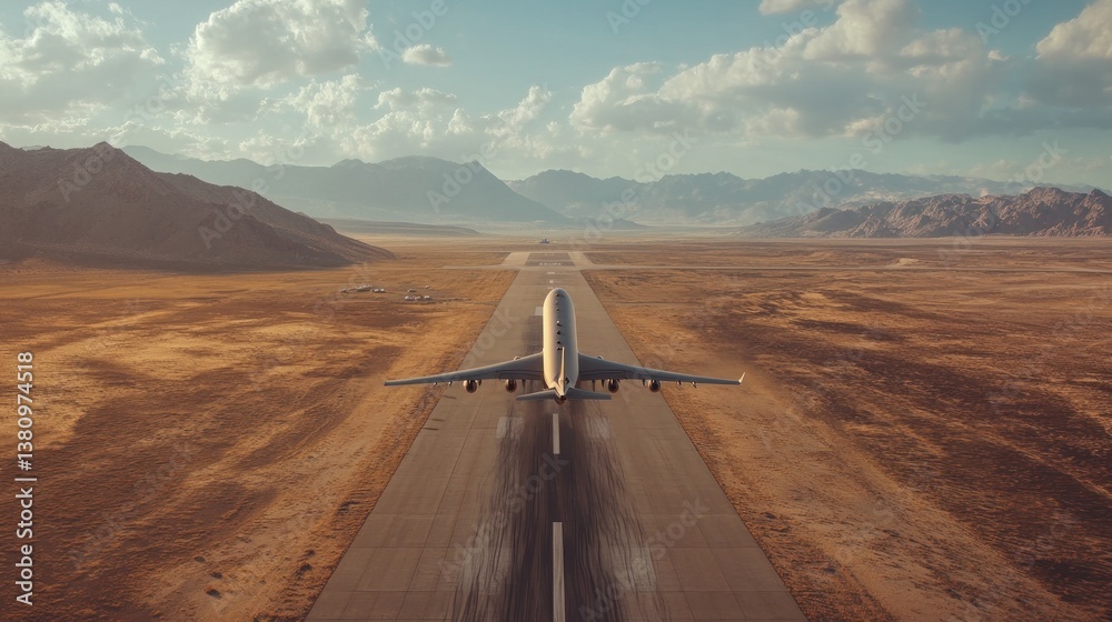 Airplane Taking Off on a Runway in Desert Landscape with Mountains