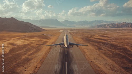 Obraz na płótnie Airplane Taking Off on a Runway in Desert Landscape with Mountains w salonie