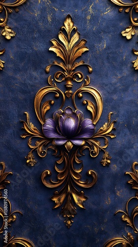 Ornate Golden Floral Design with Central Purple Lotus on Rich Blue Background