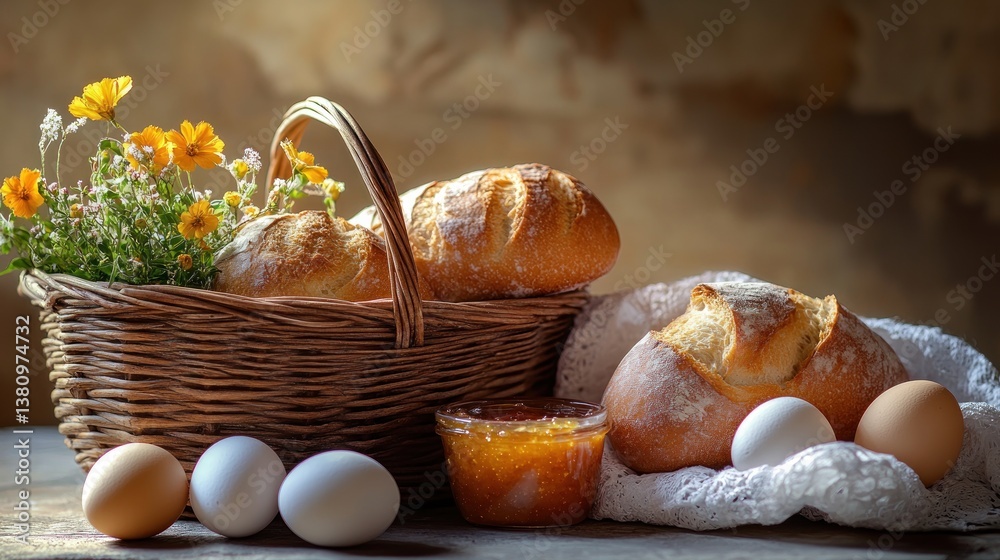 Fresh Bread and Flowers in a Basket with Eggs and Marmalade