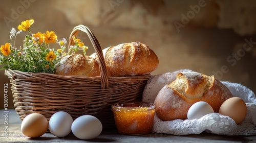 Obraz na płótnie Fresh Bread and Flowers in a Basket with Eggs and Marmalade w salonie