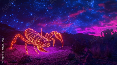 Obraz na płótnie Glowing Scorpion Silhouette in Desert Landscape with Starry Night Sky w salonie