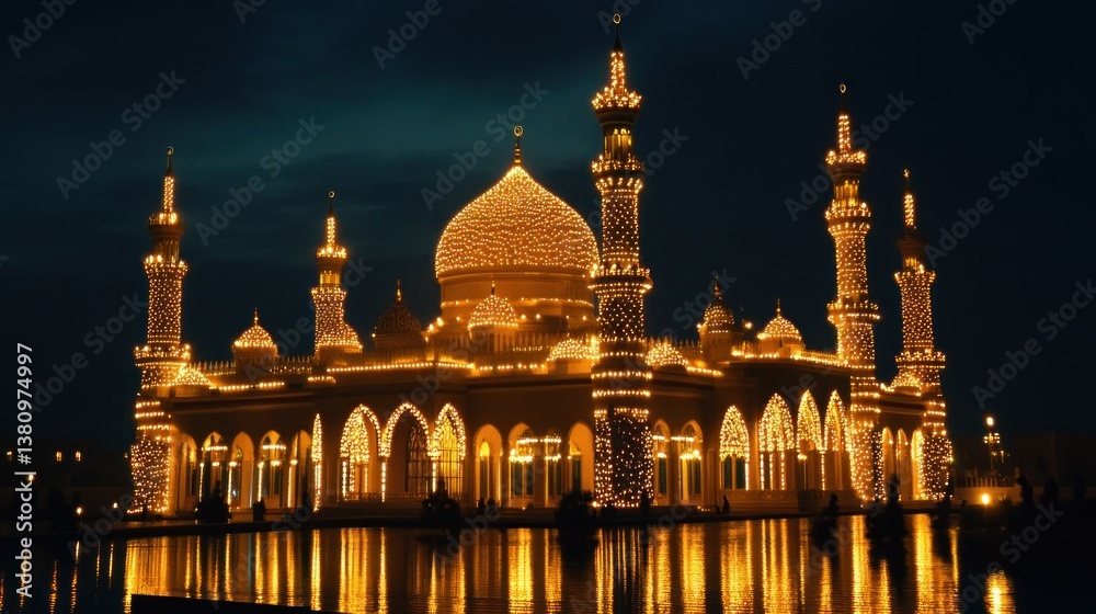 Mosque Illuminated at Night with Glowing Lights Reflecting on Water