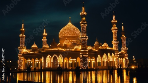 Obraz na płótnie Mosque Illuminated at Night with Glowing Lights Reflecting on Water w salonie