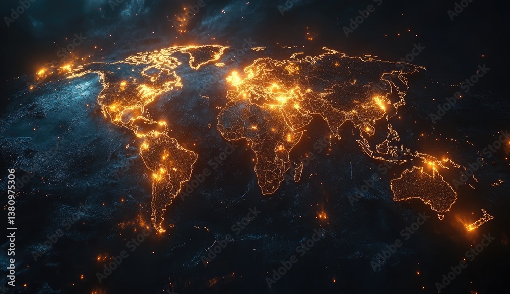 Naklejka premium Glowing World Map at Night: Digital City Lights Illustration