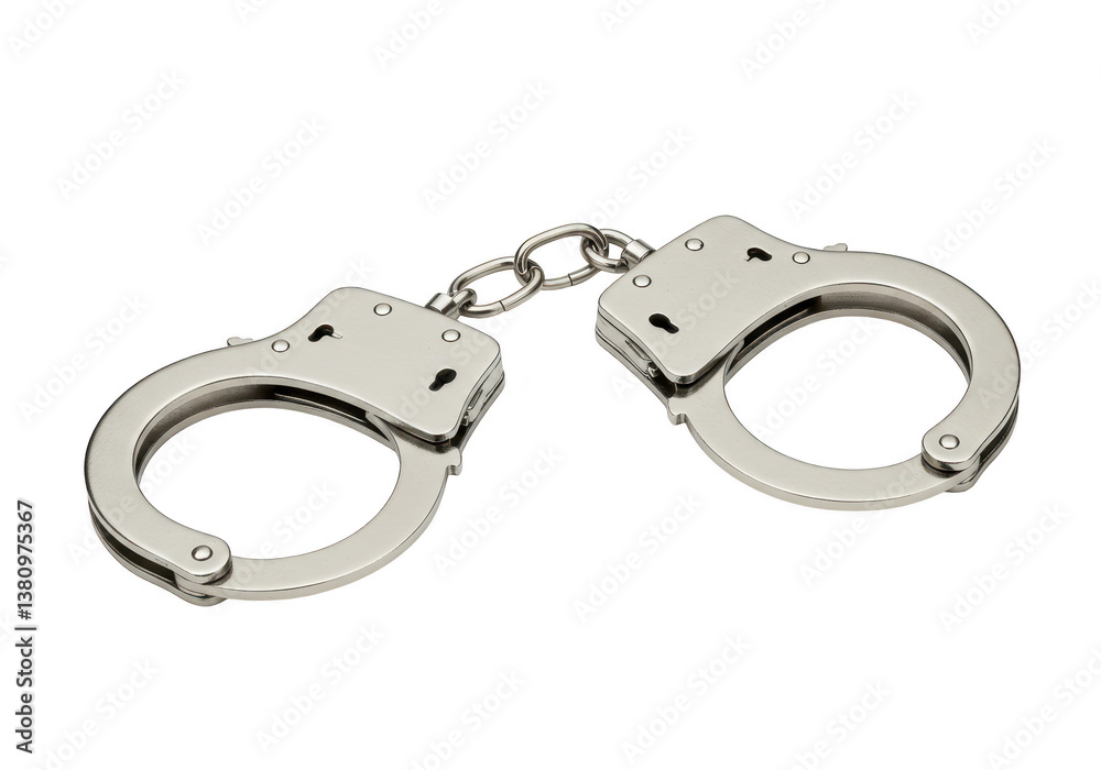 A pair of silver metallic handcuffs with a short chain connecting the cuffs isolated on transparent background A pair of silver metallic handcuffs with a short chain connecting the cuffs isolated on transparent background
