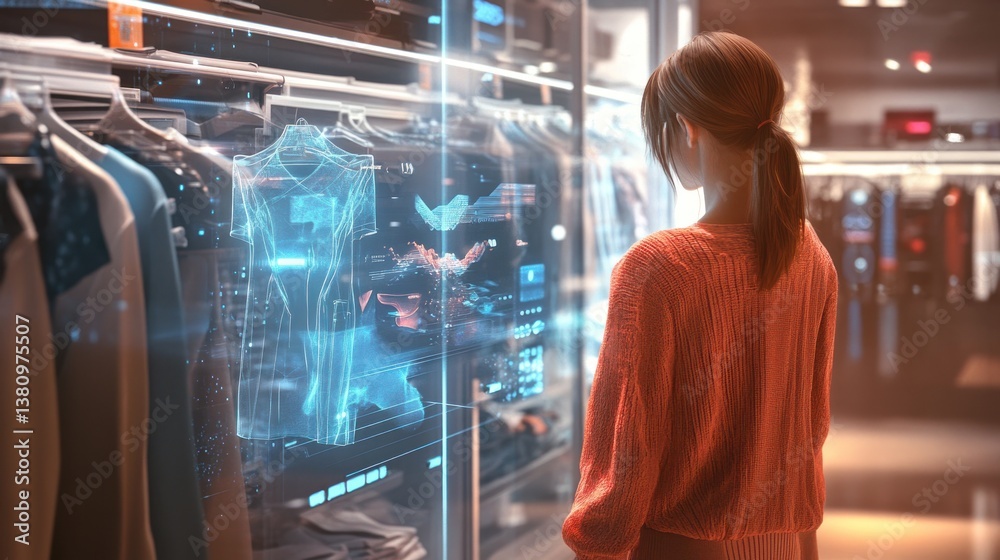 Woman at Clothing Store with Interactive Screen Choosing Apparel