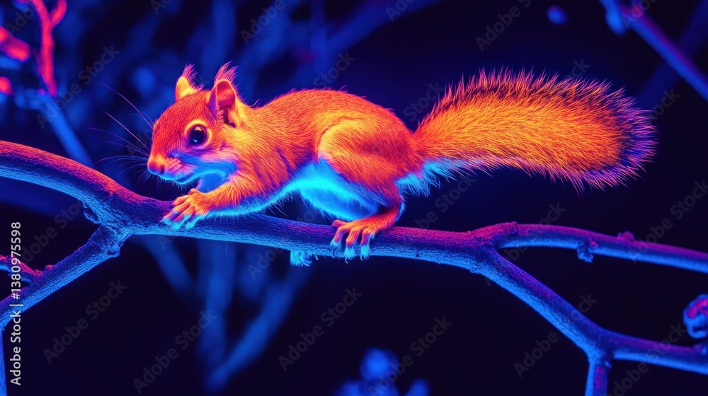 Squirrel Climbing on a Branch with Dramatic Lighting in the Dark