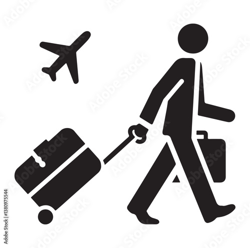 Person pulling carry-on luggage on business travel flat Silhouettes vector.