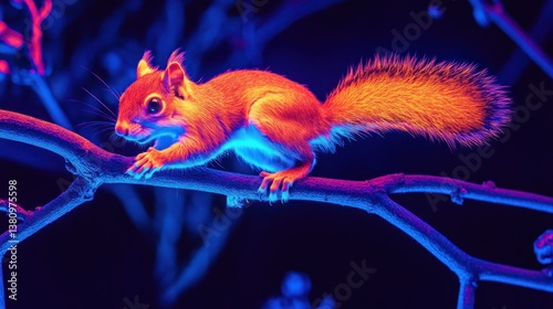 Obraz na płótnie Squirrel Climbing on a Branch with Dramatic Lighting in the Dark w salonie