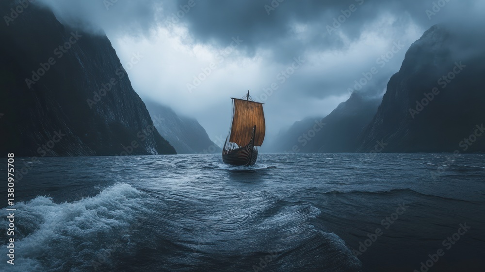 Sailing Ancient Boat on Wavy Sea Against Mountains in Misty Weather