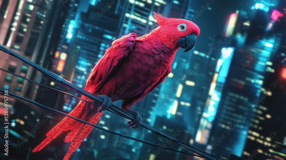 Bright Red Bird Perching Wires Urban Landscape Night with City Lights