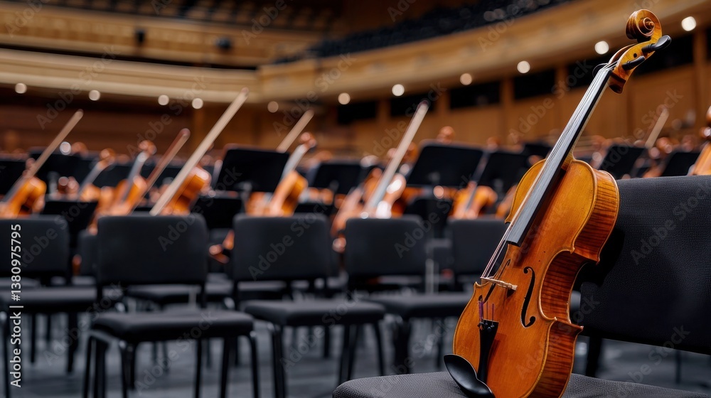 Fototapeta premium Orchestra music Concept, Traditional European Concert Hall with Musical Instruments and Empty Rows of Chairs Ready for Performance